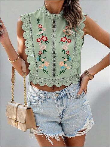 Floerns Women's Floral Embroidery Lace Trim Blouse Mock Neck Sleeveless Holiday Crop Tops in Saudi Arabia