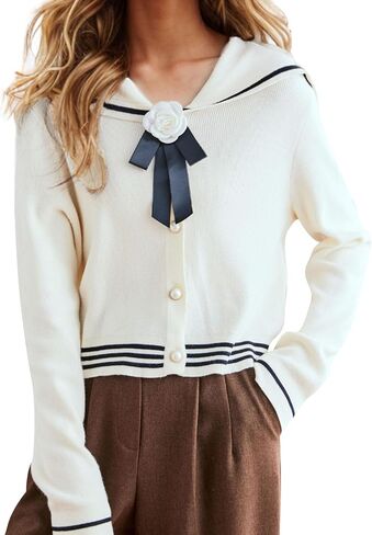 Lai Meng Five Cats Women's Sailor Twist Long Sleeve V-Neck Stripe Button متماسكة أعلى قميص بلوزة سترة in Saudi Arabia
