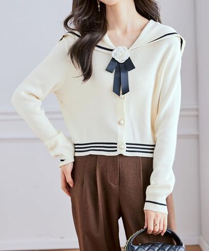 Lai Meng Five Cats Women's Sailor Twist Long Sleeve V-Neck Stripe Button متماسكة أعلى قميص بلوزة سترة in Saudi Arabia