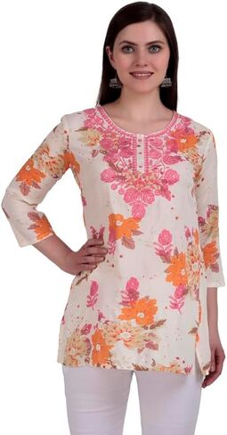 Ladyline Rayon طباعة TUNIC TUNIC TOP للنساء - 3/4 أكمام ، طول الفخذ - بلوزة قصيرة Kurti in Saudi Arabia