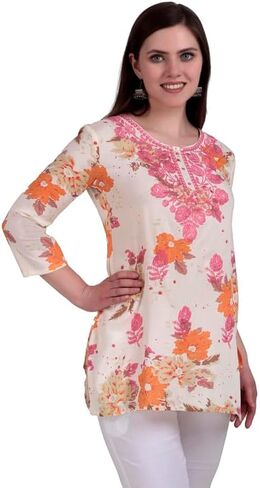 Ladyline Rayon طباعة TUNIC TUNIC TOP للنساء - 3/4 أكمام ، طول الفخذ - بلوزة قصيرة Kurti in Saudi Arabia