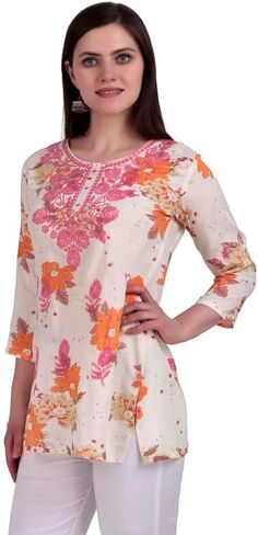 Ladyline Rayon طباعة TUNIC TUNIC TOP للنساء - 3/4 أكمام ، طول الفخذ - بلوزة قصيرة Kurti in Saudi Arabia