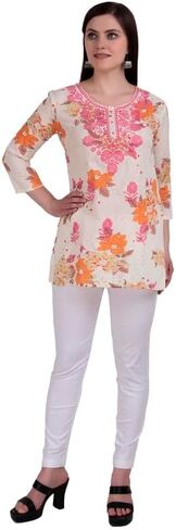 Ladyline Rayon طباعة TUNIC TUNIC TOP للنساء - 3/4 أكمام ، طول الفخذ - بلوزة قصيرة Kurti in Saudi Arabia
