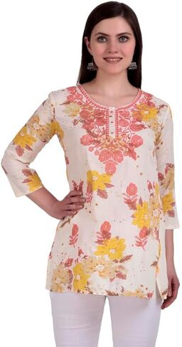 ladyline Rayon Printed Embroidered Tunic Top for Womens - 3/4 Sleeves, Hip Length - Blouse Short Kurti in Saudi Arabia