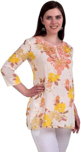 ladyline Rayon Printed Embroidered Tunic Top for Womens - 3/4 Sleeves, Hip Length - Blouse Short Kurti in Saudi Arabia