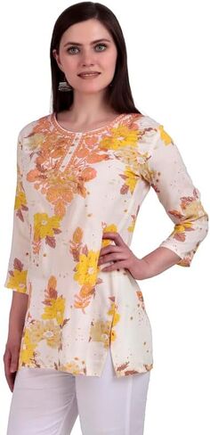 ladyline Rayon Printed Embroidered Tunic Top for Womens - 3/4 Sleeves, Hip Length - Blouse Short Kurti in Saudi Arabia
