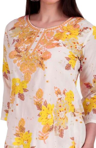 ladyline Rayon Printed Embroidered Tunic Top for Womens - 3/4 Sleeves, Hip Length - Blouse Short Kurti in Saudi Arabia