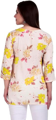 ladyline Rayon Printed Embroidered Tunic Top for Womens - 3/4 Sleeves, Hip Length - Blouse Short Kurti in Saudi Arabia