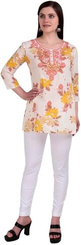 ladyline Rayon Printed Embroidered Tunic Top for Womens - 3/4 Sleeves, Hip Length - Blouse Short Kurti in Saudi Arabia