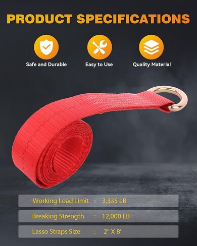 OCPTY 4 x Lasso Straps Wrecker Car Hauler Truck Tow Dolly الإطارات عجلة التعادل أسفل الشريط الأحمر (2 بوصة × 8 أقدام) in Saudi Arabia