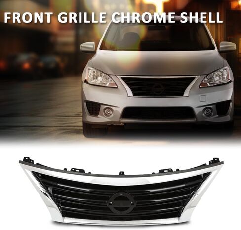G-PLUS Front Bumper Upper Grille w/Insert Compatible with Nissan Sentra SR 2013-2015 Chrome Shell Grill Inserts 623103RM0A NI1200253 in Saudi Arabia