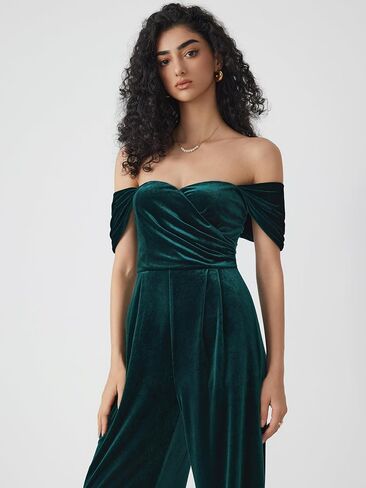 CIDER Women's Velvet Off-shoulder Solid Ruched Jumpsuit in Saudi Arabia