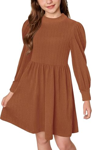 BesserBay Girls Fall Knit Textured Mock Neck Puff Long Sleeve Midi Dress with Pockets 6-14 Years in Saudi Arabia