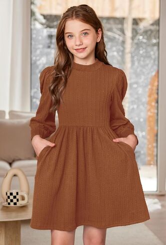 BesserBay Girls Fall Knit Textured Mock Neck Puff Long Sleeve Midi Dress with Pockets 6-14 Years in Saudi Arabia