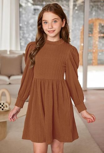 BesserBay Girls Fall Knit Textured Mock Neck Puff Long Sleeve Midi Dress with Pockets 6-14 Years in Saudi Arabia