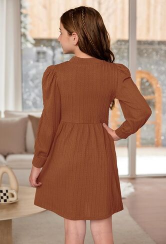 BesserBay Girls Fall Knit Textured Mock Neck Puff Long Sleeve Midi Dress with Pockets 6-14 Years in Saudi Arabia