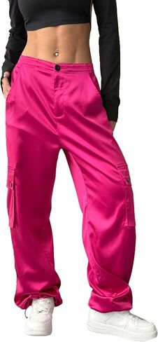 heipeiwa Women's Satin Cargo Pants Wide Leg Straight Multi Pockets High Waisted Baggy Casual Trouser Party Dressy Outfit in Saudi Arabia