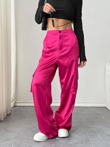 heipeiwa Women's Satin Cargo Pants Wide Leg Straight Multi Pockets High Waisted Baggy Casual Trouser Party Dressy Outfit in Saudi Arabia