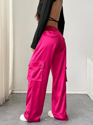 heipeiwa Women's Satin Cargo Pants Wide Leg Straight Multi Pockets High Waisted Baggy Casual Trouser Party Dressy Outfit in Saudi Arabia