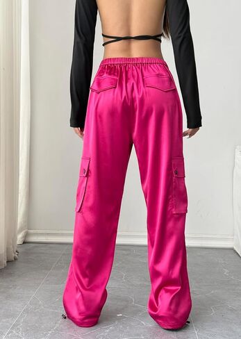 heipeiwa Women's Satin Cargo Pants Wide Leg Straight Multi Pockets High Waisted Baggy Casual Trouser Party Dressy Outfit in Saudi Arabia
