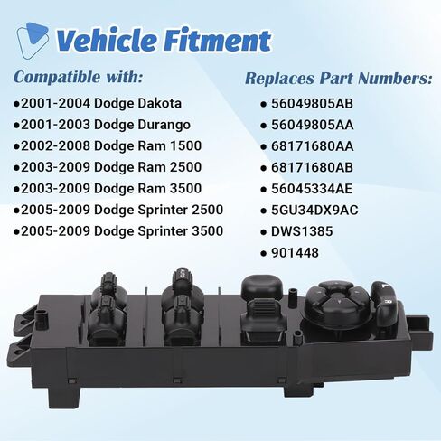 Power Driver Side Window Switch Control Button Compatible with 2002-2009 Dodge Ram 1500/2500/3500 Truck, Durango, Dakota, Sprinter 2500/3500, OEM 56049805AB/56049805AA in Saudi Arabia