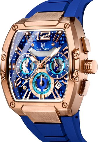 Senstone Tonneau Watch للرجال مع حزام المطاط ، رجال مشاهدة كرونوغراف الكوارتز التناظرية متعددة الوظائف التقويم المائي حزام الأسود المطاط in Saudi Arabia