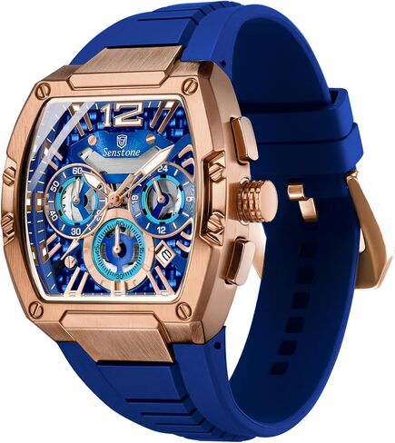 Senstone Tonneau Watch للرجال مع حزام المطاط ، رجال مشاهدة كرونوغراف الكوارتز التناظرية متعددة الوظائف التقويم المائي حزام الأسود المطاط in Saudi Arabia