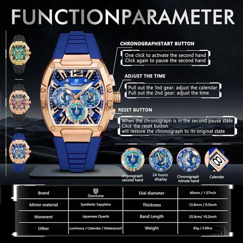 Senstone Tonneau Watch للرجال مع حزام المطاط ، رجال مشاهدة كرونوغراف الكوارتز التناظرية متعددة الوظائف التقويم المائي حزام الأسود المطاط in Saudi Arabia