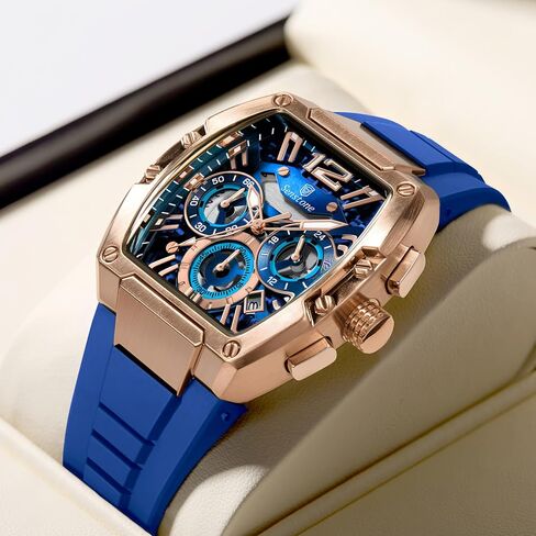 Senstone Tonneau Watch للرجال مع حزام المطاط ، رجال مشاهدة كرونوغراف الكوارتز التناظرية متعددة الوظائف التقويم المائي حزام الأسود المطاط in Saudi Arabia