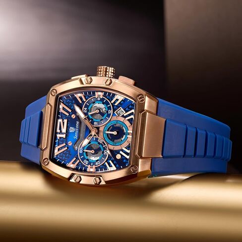 Senstone Tonneau Watch للرجال مع حزام المطاط ، رجال مشاهدة كرونوغراف الكوارتز التناظرية متعددة الوظائف التقويم المائي حزام الأسود المطاط in Saudi Arabia