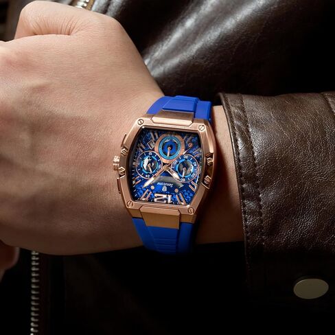 Senstone Tonneau Watch للرجال مع حزام المطاط ، رجال مشاهدة كرونوغراف الكوارتز التناظرية متعددة الوظائف التقويم المائي حزام الأسود المطاط in Saudi Arabia