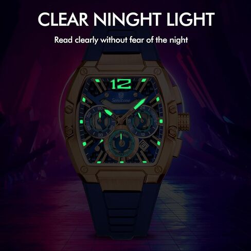 Senstone Tonneau Watch للرجال مع حزام المطاط ، رجال مشاهدة كرونوغراف الكوارتز التناظرية متعددة الوظائف التقويم المائي حزام الأسود المطاط in Saudi Arabia