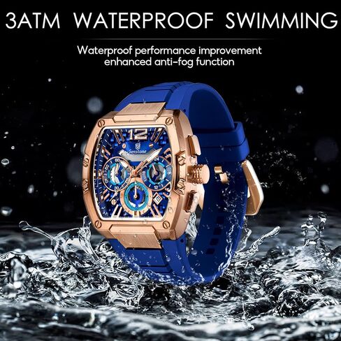 Senstone Tonneau Watch للرجال مع حزام المطاط ، رجال مشاهدة كرونوغراف الكوارتز التناظرية متعددة الوظائف التقويم المائي حزام الأسود المطاط in Saudi Arabia