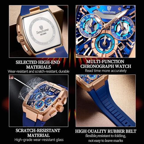 Senstone Tonneau Watch للرجال مع حزام المطاط ، رجال مشاهدة كرونوغراف الكوارتز التناظرية متعددة الوظائف التقويم المائي حزام الأسود المطاط in Saudi Arabia