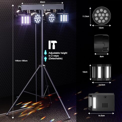5 in 1 Dj Lights with Stand 5.9ft,Led Dj Par Lights+Effect Strobe Lights Dj Disco Lights Party Lights Dj Lights for Parties Indoor DMX&Remote Control Mobile Stage Lighting with Carry Bag (Black 1PC) in Saudi Arabia