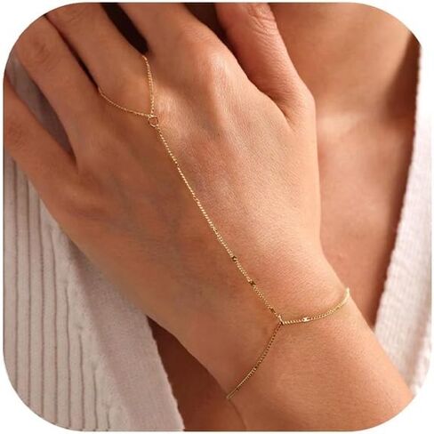 BAYLAY Hand Chain Bracelet, 14K Gold Plated Ring Bracelet Hand Chain Dainty Gold Bracelet for Women Trendy Finger Ring Slave Bracelets Hand Jewelry for Women Summer Beach Boho Gifts Trendy Stuff in Kuwait