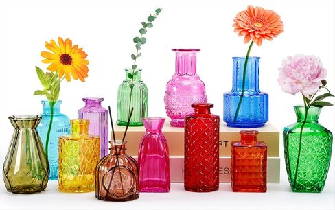 12 Pcs Glass Bud Vases, Colorful Bud Vase Set, Small Decor Vintage Vase, Colored Flower Vases for Centerpieces, Glass Bottles for Wedding Home Table Decorations Gifts (Multicolor) in Kuwait