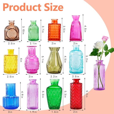 12 Pcs Glass Bud Vases, Colorful Bud Vase Set, Small Decor Vintage Vase, Colored Flower Vases for Centerpieces, Glass Bottles for Wedding Home Table Decorations Gifts (Multicolor) in Kuwait