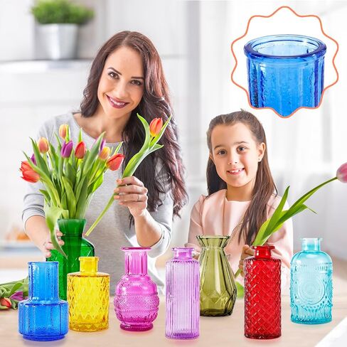 12 Pcs Glass Bud Vases, Colorful Bud Vase Set, Small Decor Vintage Vase, Colored Flower Vases for Centerpieces, Glass Bottles for Wedding Home Table Decorations Gifts (Multicolor) in Kuwait
