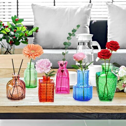 12 Pcs Glass Bud Vases, Colorful Bud Vase Set, Small Decor Vintage Vase, Colored Flower Vases for Centerpieces, Glass Bottles for Wedding Home Table Decorations Gifts (Multicolor) in Kuwait