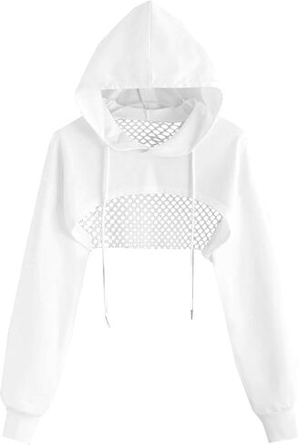 Remidoo Womens Cropped Hoodie Fishnet Long Sleeve Crop Top Hollow Out Drawstring Sweatshirt in Kuwait