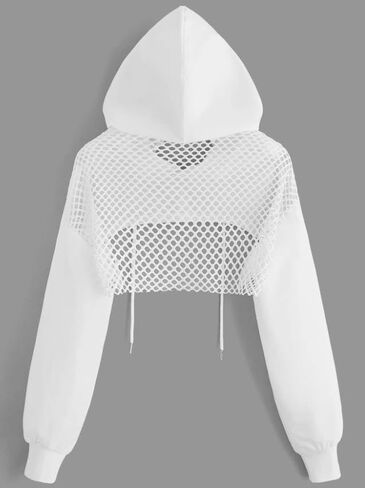 Remidoo Womens Cropped Hoodie Fishnet Long Sleeve Crop Top Hollow Out Drawstring Sweatshirt in Kuwait
