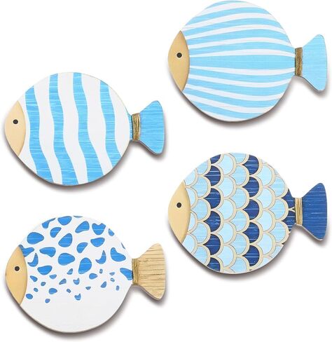 4pcs Wood Fish Wall Decor, Vintage Blue Fish Hanging Sculptures Nautical Coastal Wall Art Decor Ocean Beach Theme Ornaments for Lake House Bathroom Bedroom in Saudi Arabia