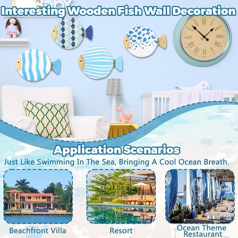 4pcs Wood Fish Wall Decor, Vintage Blue Fish Hanging Sculptures Nautical Coastal Wall Art Decor Ocean Beach Theme Ornaments for Lake House Bathroom Bedroom in Saudi Arabia