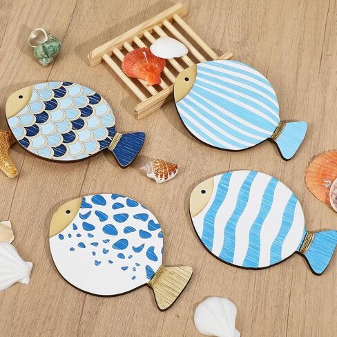 4pcs Wood Fish Wall Decor, Vintage Blue Fish Hanging Sculptures Nautical Coastal Wall Art Decor Ocean Beach Theme Ornaments for Lake House Bathroom Bedroom in Saudi Arabia