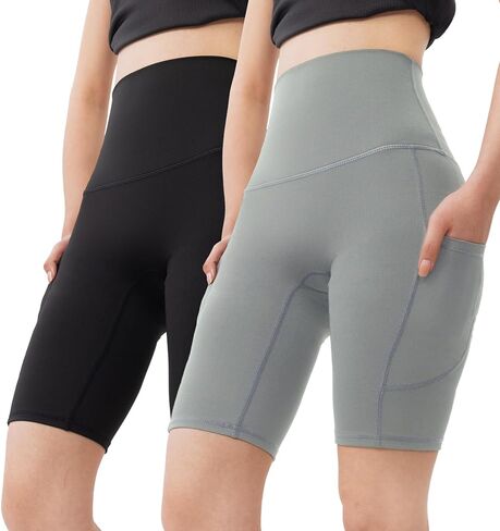 2 Pack Womens Biker Shorts with Pocket High Waist 8" Cycling Short Tummy Control Athletic Yoga Short in Kuwait