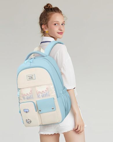 Girls Backpack for School, Cute Teens Bookbag Large Capacity for Middle High School College Women Laptop Backpack with Accessories, Beige in Saudi Arabia