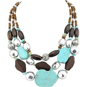 Bocar 3 Layer Turquoise Wood Beaded Statement Chunky Necklace Multi Strands Handmade Collar Jewelry for Women Gifts(NK-10124-white) in Kuwait