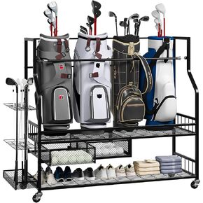 Golf Bag Storage Garage Organizer,Golf Bag Storage Rack w/Drawer for Golfing Bags, Clubs, Balls, Gadgets, Accessories & Equipment,Golf Bag Stand w/Wheels for Home, Golf Course in Kuwait