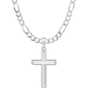 Mens Sterling Silver Cross Pendant Italian Figaro Chain Necklace in Saudi Arabia